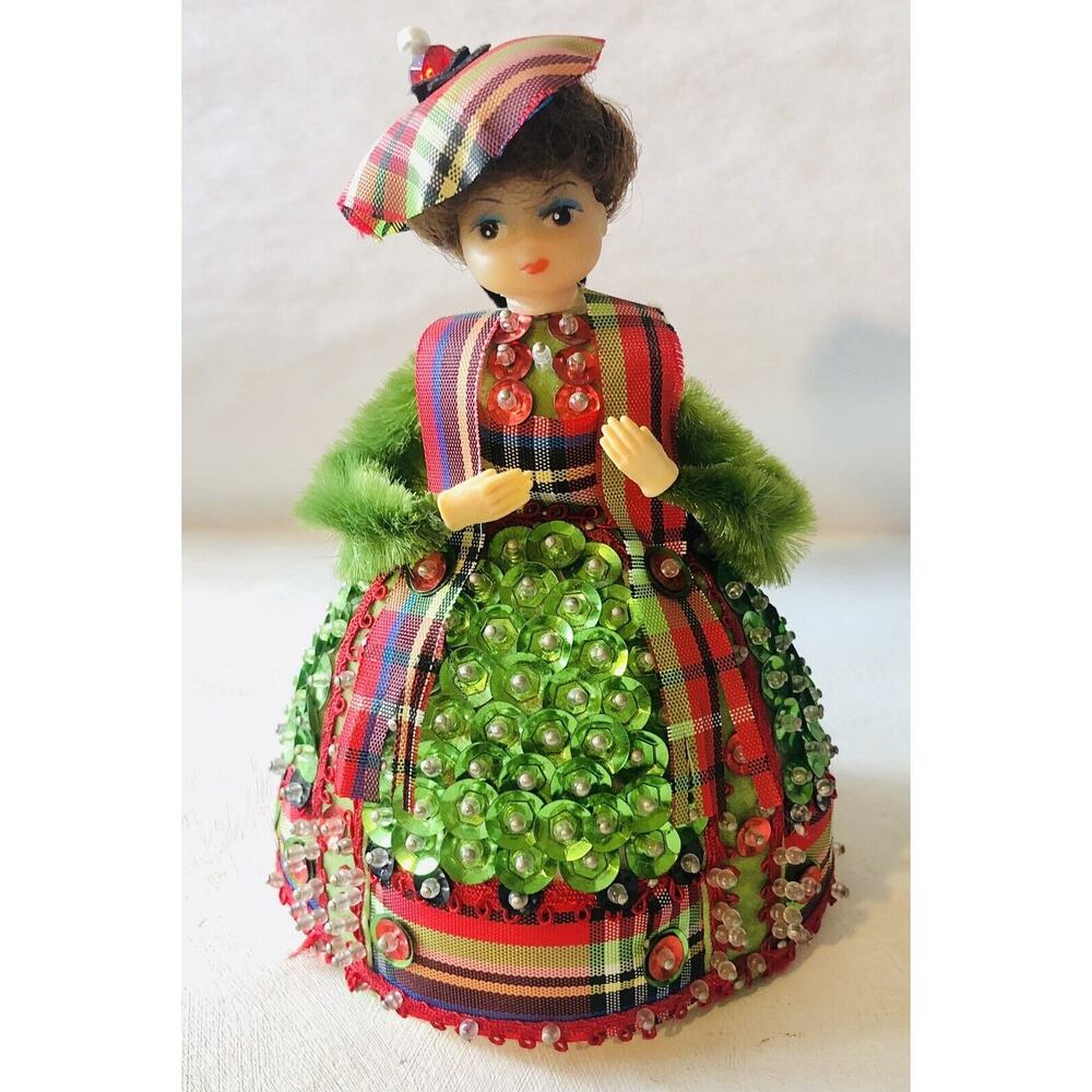 Vintage Sequin Beaded Doll Scottish Bonnie Lass Green Dress Tartan Plaid Tam Cap